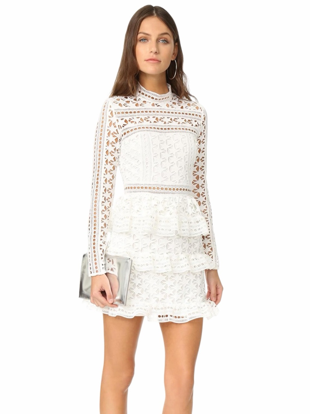 Self Portrait White High Neck Star Lace Mini Dress Womens US 6